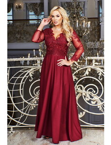 venusamoda (veľ. 54) Trblietavé šaty s dlhými rukávmi vínovočervené