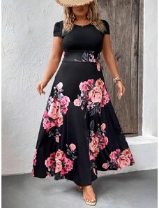 venusamoda Elastické šaty s kvetovanou sukňou čierne