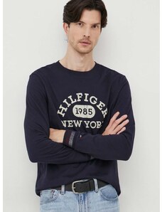 Bavlnené tričko s dlhým rukávom Tommy Hilfiger tmavomodrá farba, s potlačou