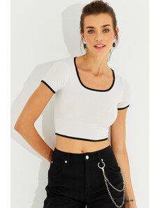 Cool & Sexy Women's White Piped Crop Top