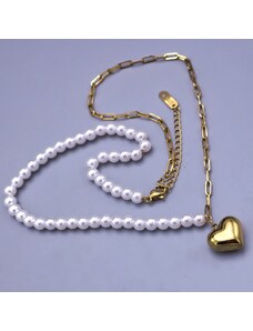 Pozlátený perličkový náhrdelník z chirurgickej ocele so srdiečkom