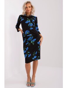 MladaModa Kvetinový komplet blúzky a sukne model 55812 čierny+farba kráľovská modrá