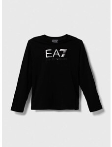 Detská bavlnená košeľa s dlhým rukávom EA7 Emporio Armani čierna farba, s potlačou