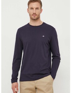Bavlnené tričko s dlhým rukávom Gant tmavomodrá farba, jednofarebný
