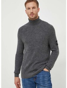 Vlnený sveter Calvin Klein Jeans pánsky, šedá farba, tenký, s rolákom