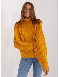 WOOL FASHION ITALIA Horčicový oversize rolákový pletený vzorovaný sveter