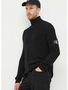 Vlnený sveter Calvin Klein Jeans pánsky, čierna farba, tenký, s rolákom