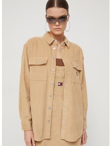 Bavlnená košeľa Tommy Jeans dámska, béžová farba, regular, s klasickým golierom, DW0DW16920