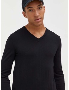Vlnený sveter HUGO pánsky, čierna farba, tenký