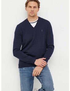 Vlnený sveter Polo Ralph Lauren pánsky, tmavomodrá farba, tenký