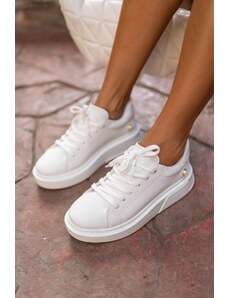 Madamra White Women's Round Toe Pearl Detailed Lace-Up Front Sneaker.