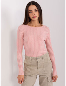 Basic Klasický svetlo-ružový rebrovaný sveter s okrúhlym výstrihom