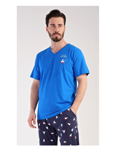 Cool Comics Pánske pyžamo dlhé Loďka, farba modrá, 100% bavlna