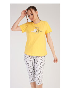 Vienetta Dámske pyžamo kapri Mačky, farba žltá, 100% bavlna