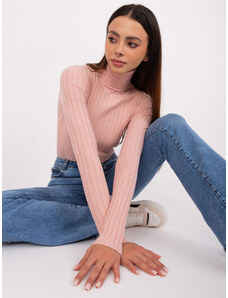 Basic Klasický svetlo-ružový rebrovaný sveter s golierom