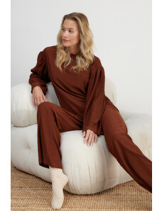 Trendyol Collection Brown Gather Detailné zabalené tričko-nohavice Pletené pyžamá súprava