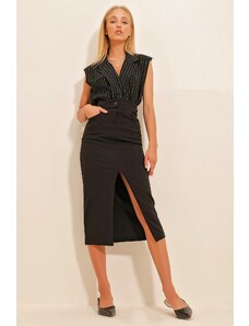 Trend Alaçatı Stili Women's Black Slit Midilength Skirt