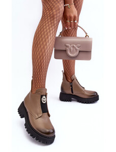 Lemar Tmavo-béžové kožené zateplené topánky s ozdobou na platforme
