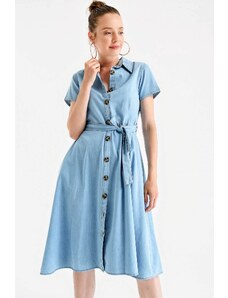 Bigdart 1677 Džínsové šaty s pásom na gombíky – modré