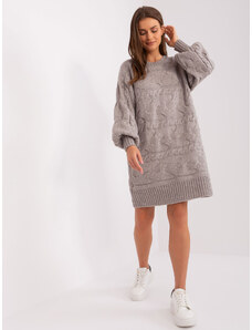WOOL FASHION ITALIA Pletené sivé oversize šaty s vrkočovým vzorom a nafúknutými rukávmi