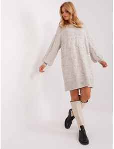 WOOL FASHION ITALIA Pletené svetlo-béžové oversize šaty s vrkočovým vzorom a nafúknutými rukávmi