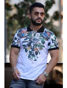 Madmext White Floral Detailed Polo T-Shirt 2885