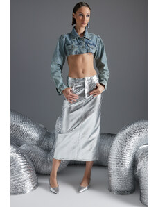 Trendyol Collection Strieborná lesklá sukňa s metalickou potlačou a rozparkom