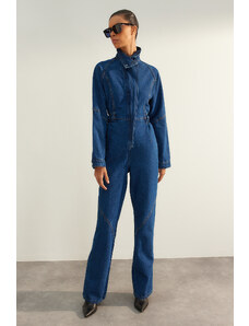 Trendyol Collection Limitovaná edícia modrého prešívania s detailným džínsovým overalom na zips