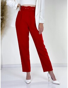Webmoda Dámske červené elegantné nohavice s vysokým pásom a opaskom LIA