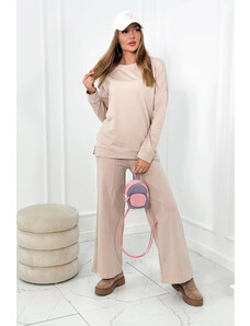 K-Fashion Bavlnený komplet Mikina + Nohavice so širokými nohavicami svetlo béžová