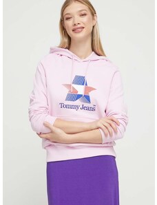Bavlnená mikina Tommy Jeans dámska, ružová farba, s kapucňou, s potlačou