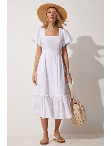 Happiness İstanbul Women's White Square Collar Linen Dress