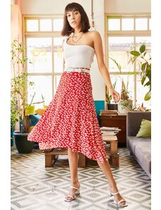 Olalook Women's Red Buds Asymmetrical Patterned Skirt