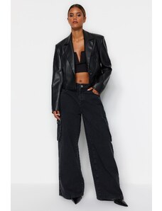 Trendyol Čierne džínsy s vysokým pásom so širokými nohavicami s nákladným vreckom
