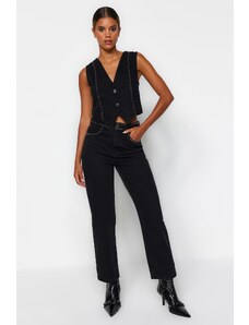 Trendyol Collection Čierne troc detailné rovné džínsy s vysokým pásom