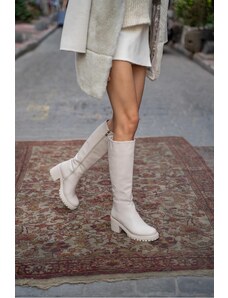 Madamra Beige Women's Knee-Length Heeled Boots