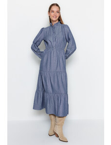 Trendyol indigový golier a gombíky detailné bavlnené maxi tkané šaty