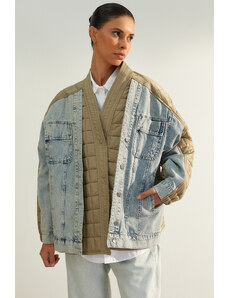 Trendyol Collection Limitovaná edícia Light Khaki Premium Oversize Denim Detailed Jacket Coat