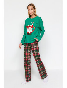 Trendyol Collection Zelená 100 % bavlna, súprava trička a nohavíc s novoročným motívom, pletené pyžamá