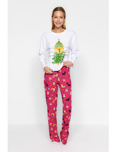 Trendyol White 100% Cotton Christmas Theme Tshirt-Pants and Knitted Pajamas Set