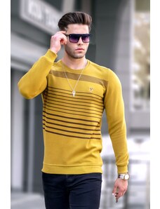 Madmext Mustard Striped Crew Neck Knitwear Sweater 5961