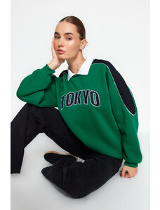 Trendyol Green Thick Fleece Inside Color Block Polo Collar Regular/Regular Knitted Sweatshirt