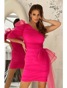 Bicotone Neónovo ružové asymetrické tylové šaty Donna