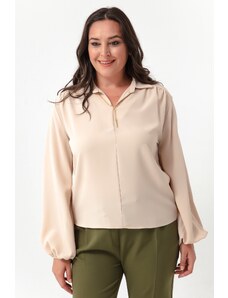 Lafaba Women's Beige Long Sleeved Plus Size Blouse with Necklace
