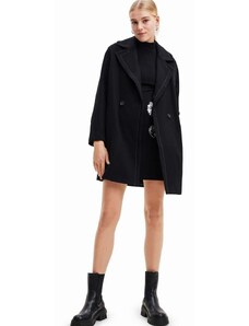 Kabát Desigual 23WWEWAU WOMAN WOVEN OVERCOAT dámsky, čierna farba, prechodný, dvojradový