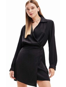 Šaty Desigual 23WWVWAI WOMAN WOVEN DRESS LONG SLEEVE čierna farba, mini, rovný strih