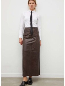 Kožená sukňa Gestuz hnedá farba, maxi, rovný strih