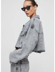 Rifľová bunda HUGO x Bella Poarch dámska, šedá farba, prechodná, oversize