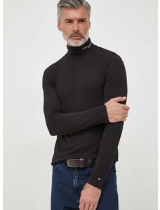 Tričko s dlhým rukávom Tommy Hilfiger pánsky, čierna farba, s potlačou
