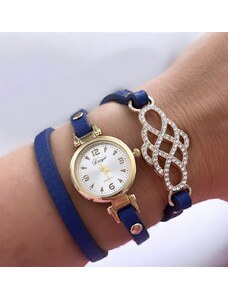 Dámske modré pásikové hodiny s kamienkovým doplnkom